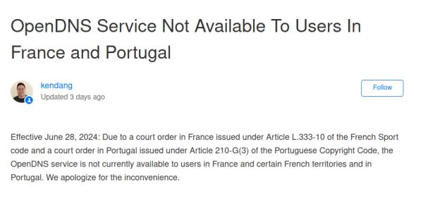 OpenDNS заблокировала свои сервисы во Франции (включая внешние территории) и в Португалии
