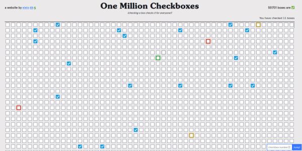 Энтузиаст запустил сайт с миллионом чекбоксов, которые можно активировать или выключать онлайн