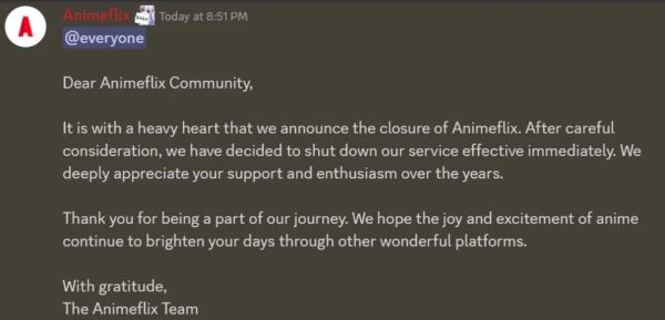 Пиратский сайт Animeflix объявил о закрытии