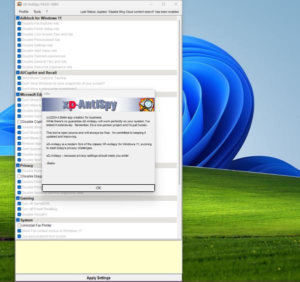 Вышла утилита xd-AntiSpy — аналог xp-AntiSpy (инструмент эпохи Windows XP), но для отключения части функций в Windows 11